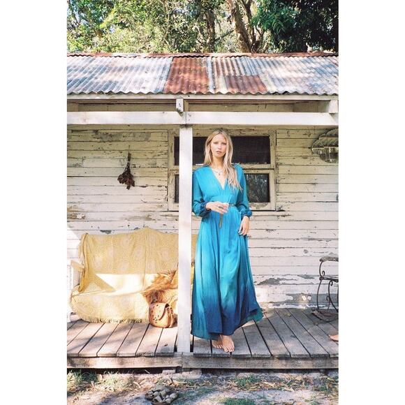 Chasing Unicorns NWT 1970s Ombre Silk Maxi Dress Ocean Depths to Atlantic Blue S - Picture 2 of 10